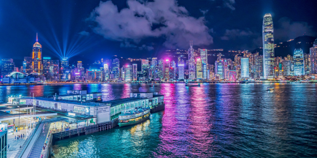Hong Kong Skyline at night with bright lights