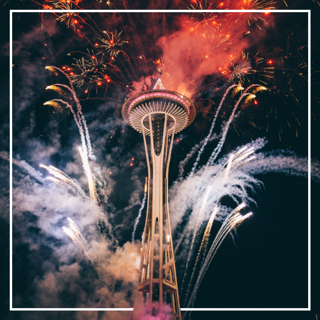 Seattle's Space Needle with fireworks