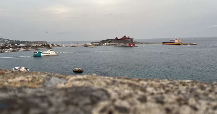 Virgin Voyages Valiant Lady docked in Ibiza.