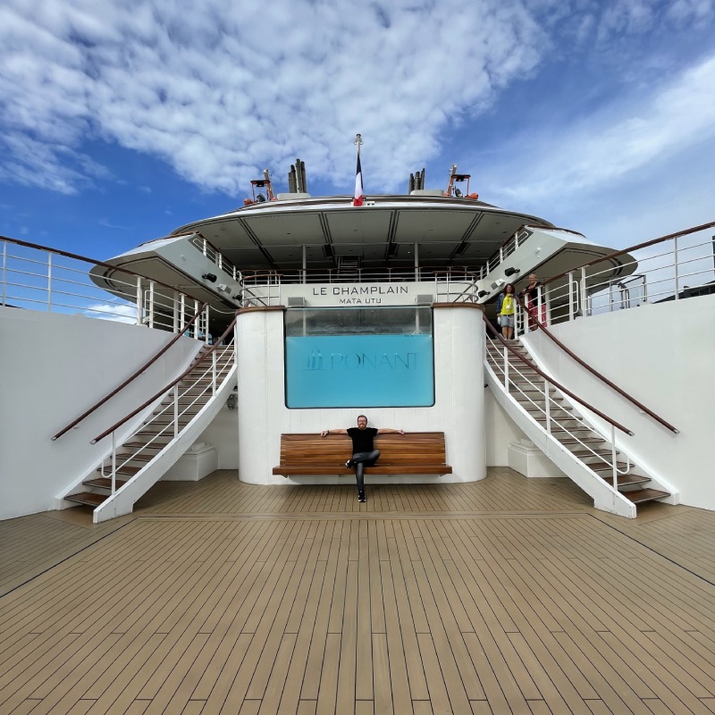 Marco enjoying the marina deck on Ponant's Le Champlain.
