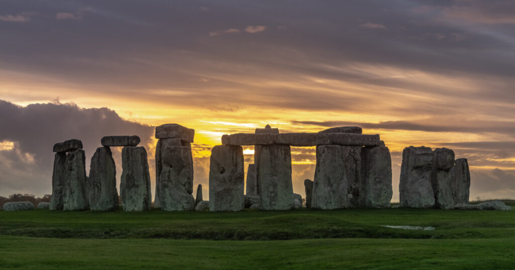 View of Stonehenge at sunset.