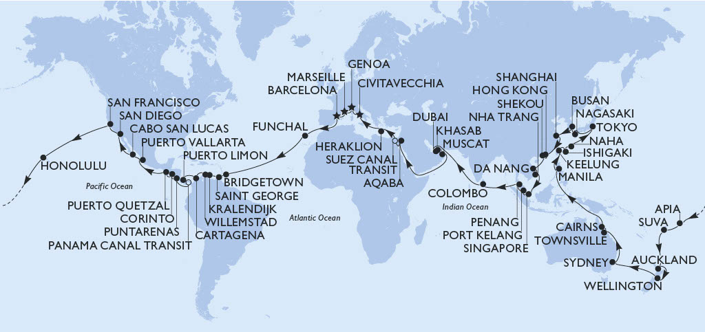 Map of the MSC Cruises World Cruises 2026
