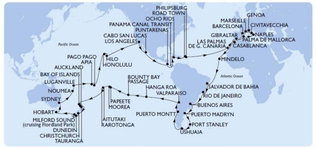 Map of the MSC World Cruise 2027