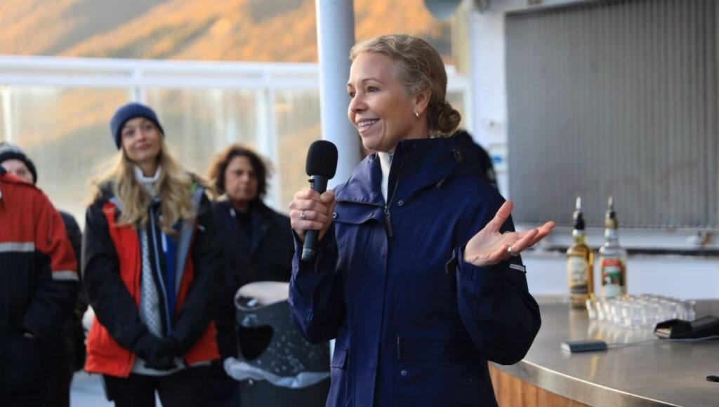 Hurtigruten CEO Hedda Felin celebrates biofuel sailing with guests onboard MS Richard With Malin Askevold 
