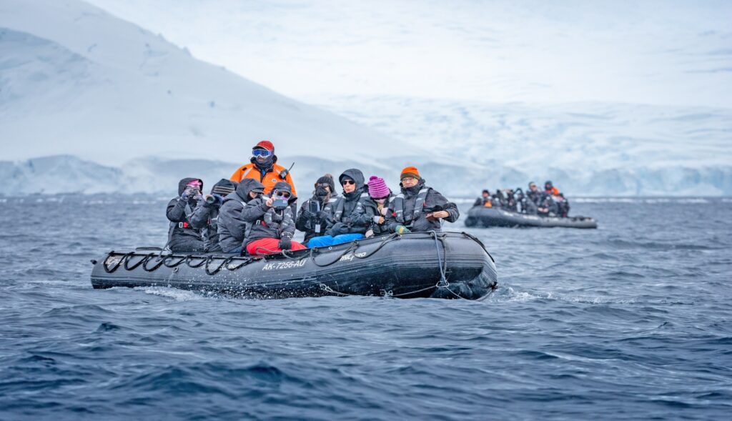 Waterproof outerwear worn during a polar expedition cruise Zodiac landing