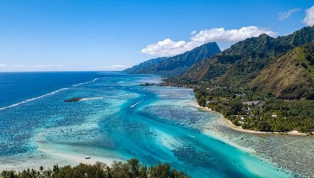 Moorea mountain peaks and lagoon during Windstar Tahiti cruise
