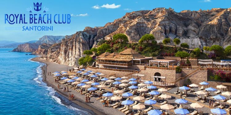 oyal Beach Club Santorini on the black sand coast of Vlychada