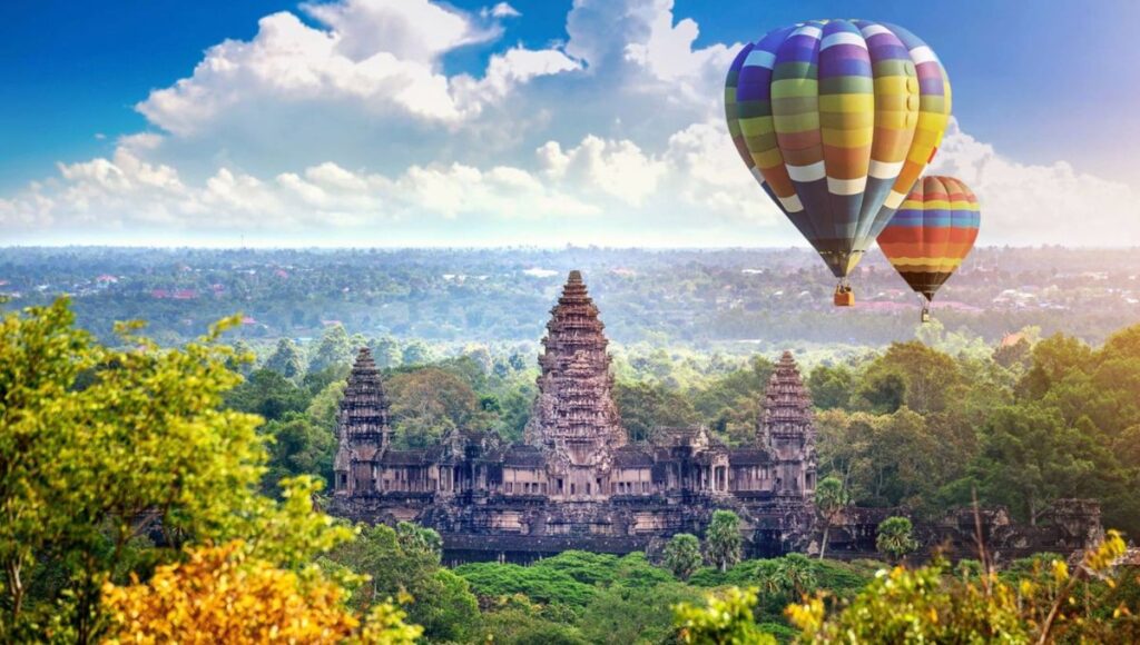 Hot air balloons above Angkor Wat Cambodia Mekong river cruise destination landscape