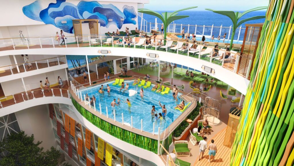 Coconut Cove style pool deck on Hero of the Seas with loungers and social spaces