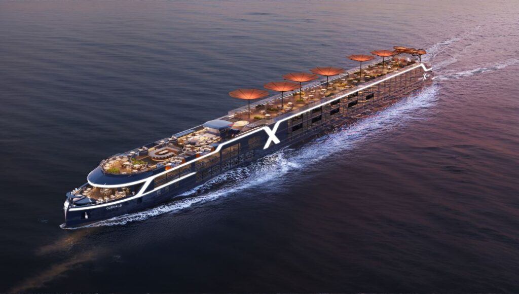 Celebrity luxury river cruise ship sailing at sunset ocean style river cruise vessel