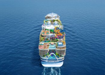 Hero of the Seas aerial view showing Icon Class layout and waterpark at sea