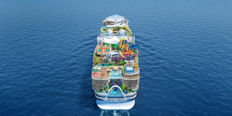 Hero of the Seas aerial view showing Icon Class layout and waterpark at sea