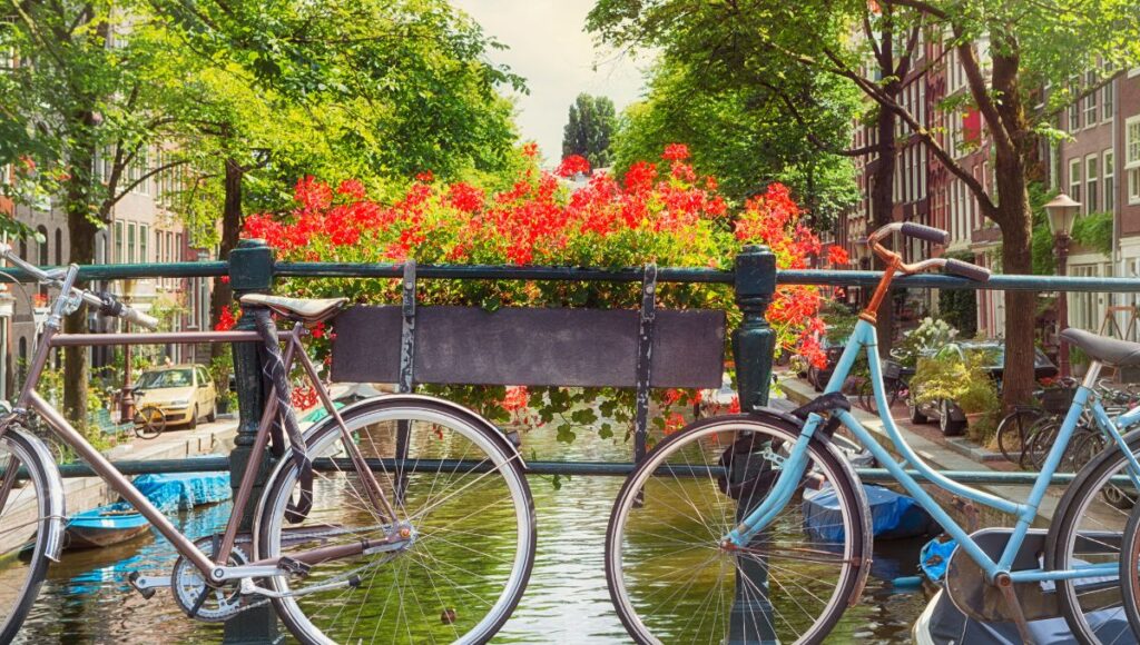 Bicycle on canal bridge with flowers Amsterdam river cruise destination Netherlands