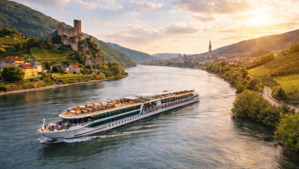 Luxury river cruise ship sailing along the Danube River past castles, vineyards and historic European towns at sunset