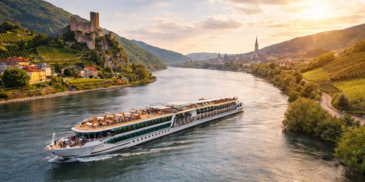 Luxury river cruise ship sailing along the Danube River past castles, vineyards and historic European towns at sunset
