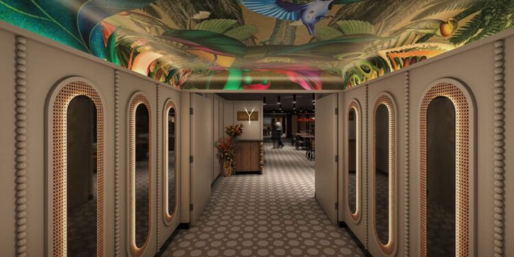 entrance to ariya indian restaurant on valiant lady 2026 with decorative ceiling and modern interior design