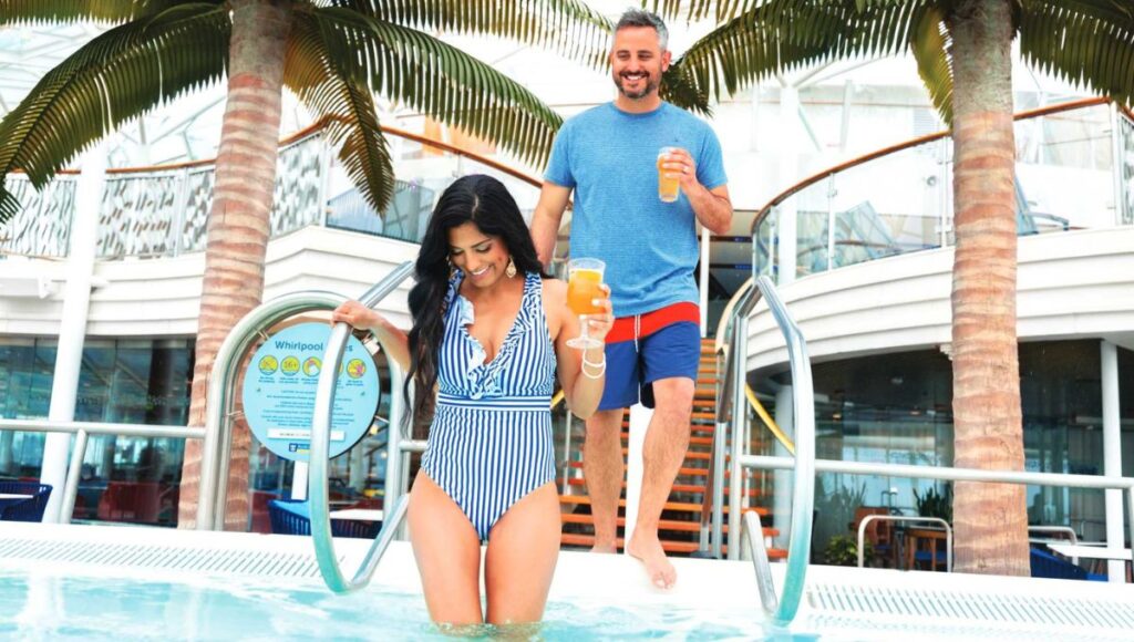 relaxing onboard pool deck adult only cruise ship atmosphere