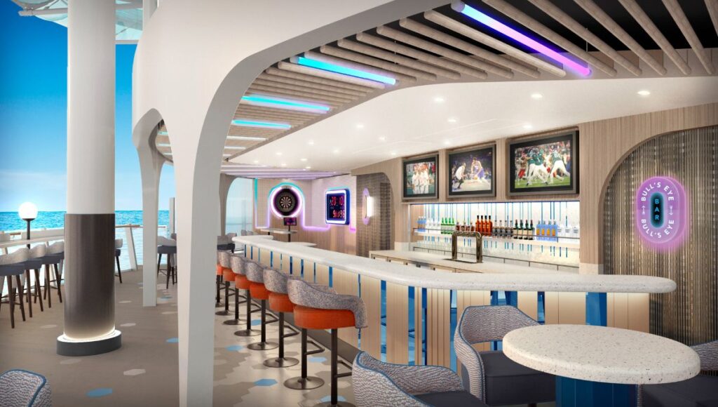 Bull’s Eye sports bar on Norwegian Luna with bar seating and entertainment screens