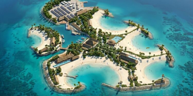 sandy cay msc private island bahamas aerial view showing beaches and lagoons