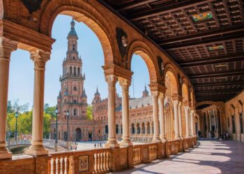 The arched colonnades of Plaza de España in Seville, a highlight of the Azamara overnight stay in Seville