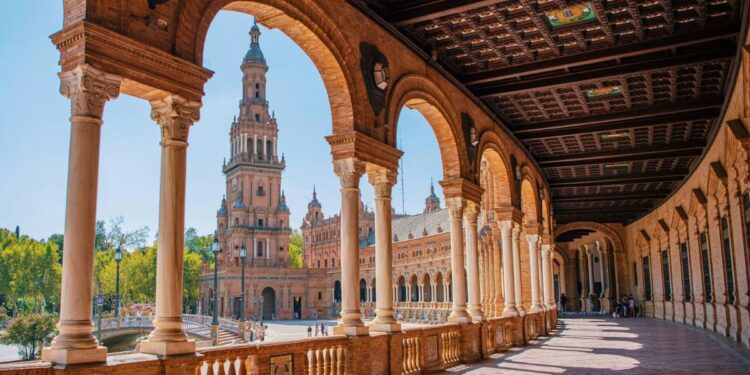 The arched colonnades of Plaza de España in Seville, a highlight of the Azamara overnight stay in Seville