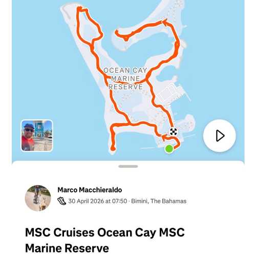 Strava map from Marco's 5k run on MSC Cruises' private island Ocean Cay