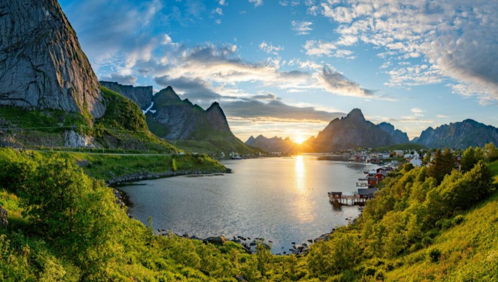 Picturesque fjord landscape in Nordfjordeid, Norway, surrounded by mountains and forests.