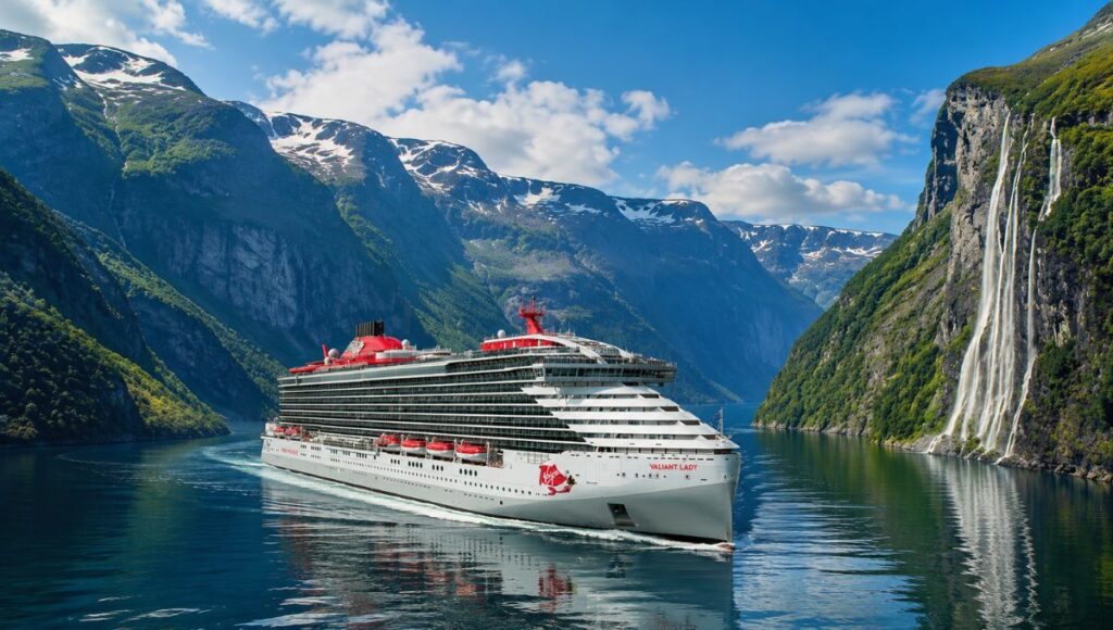 Virgin Voyages' Valiant Lady sailing through the Norwegian Fjords surrounded by mountains and waterfalls.
