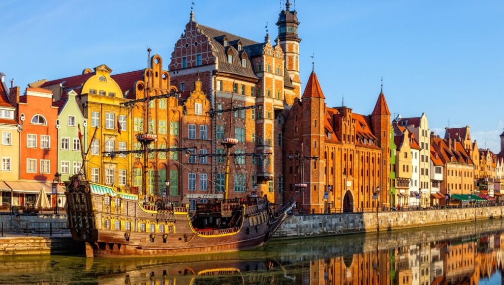 Historic waterfront and colourful architecture in Gdańsk, Poland.