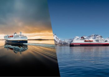 Havila Voyages and Hurtigruten ships pictured side by side for a Norwegian coastal cruise comparison.