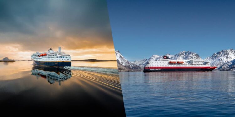 Havila Voyages and Hurtigruten ships pictured side by side for a Norwegian coastal cruise comparison.