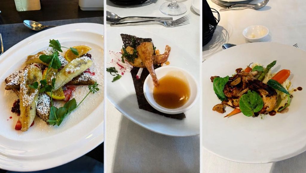 Three dishes served onboard Douglas Mawson, including french toast, prawn tempura starter and a chicken.