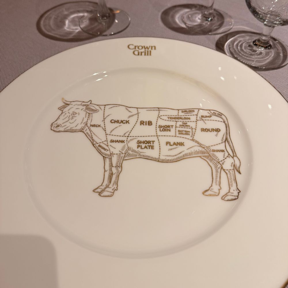 Plate detailing the different parts of a cow used for steak in the Crown Grill onboard Ruby Princess.