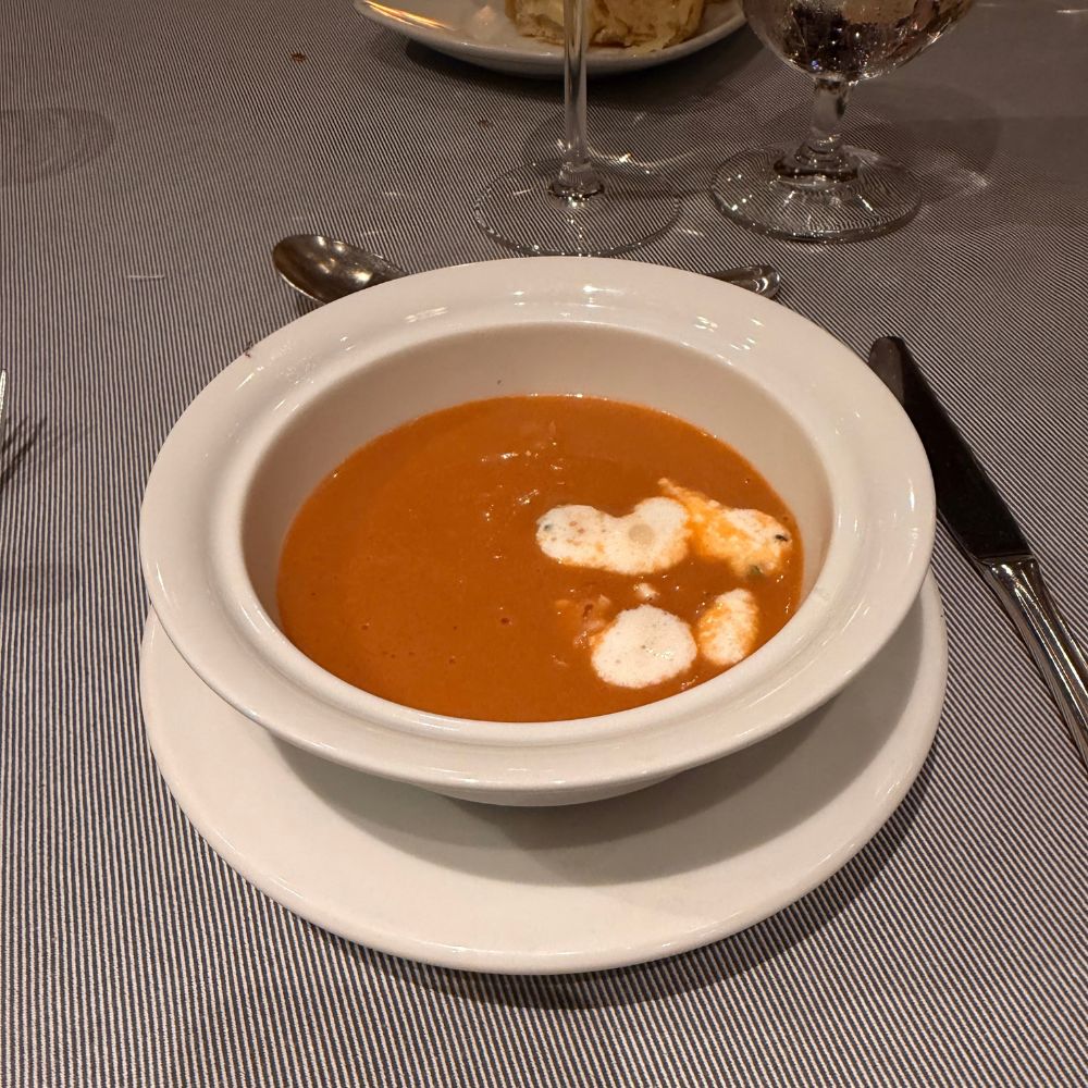 Lobster Bisque starter in Crown Grill onboard Ruby Princess