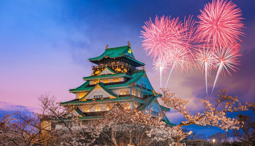 Japan Osaka temple with fireworks