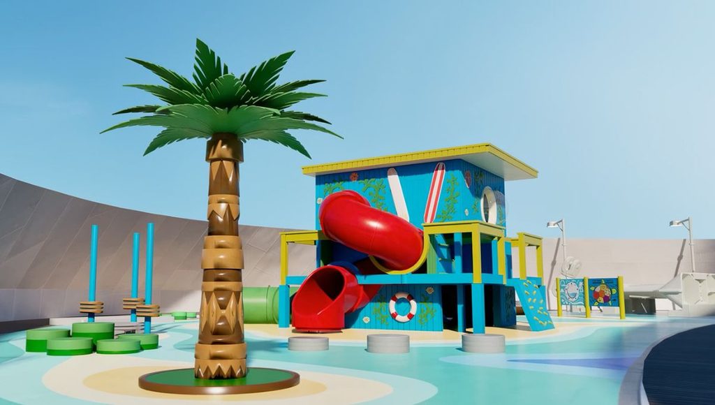 Little Explorers’ Cay play area on Norwegian Bella with a playhouse and slides