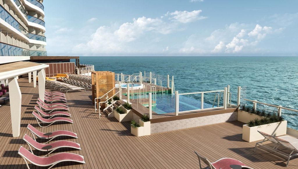 Infinity Beach on Norwegian Bella with infinity pools and hot tubs overlooking the sea