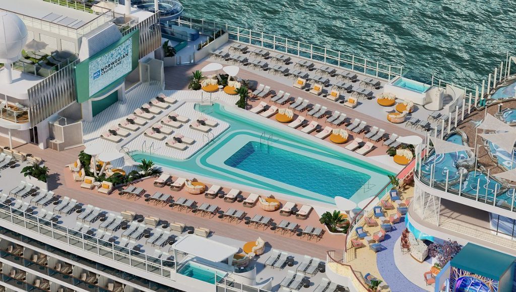 Aerial view of the main pool on Norwegian Bella with its large LED screen