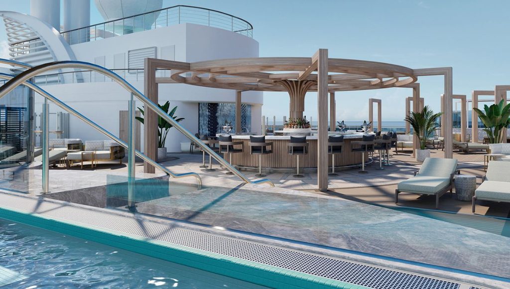 Vibe Beach Club on Norwegian Bella, an adults only retreat with a pool and oceanfront bar
