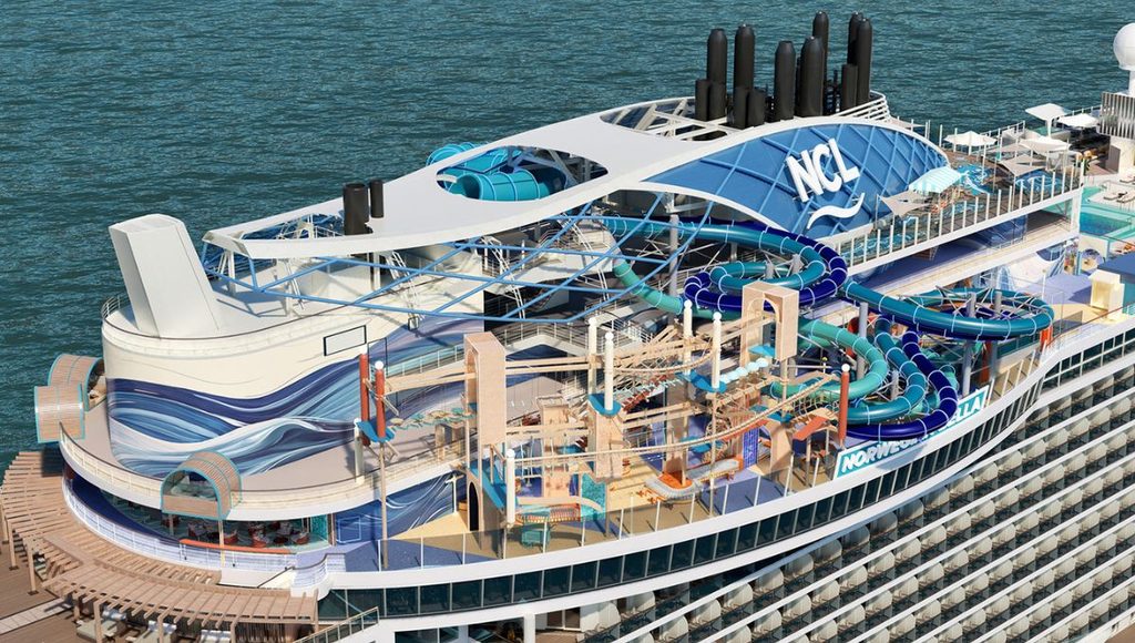 Ocean Heights on Norwegian Bella by day, with waterslides, the ropes course and the NCL dome