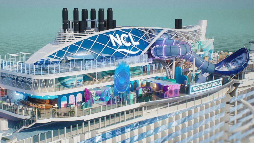 Ocean Heights on Norwegian Bella by day, with the Bella Midway games area and a waterslide