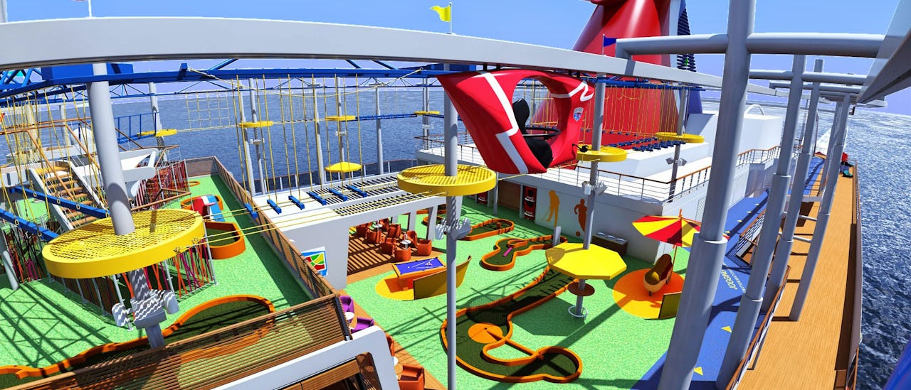 Sky-ride: a pedal operated vehicle that travels along the sport & activity deck