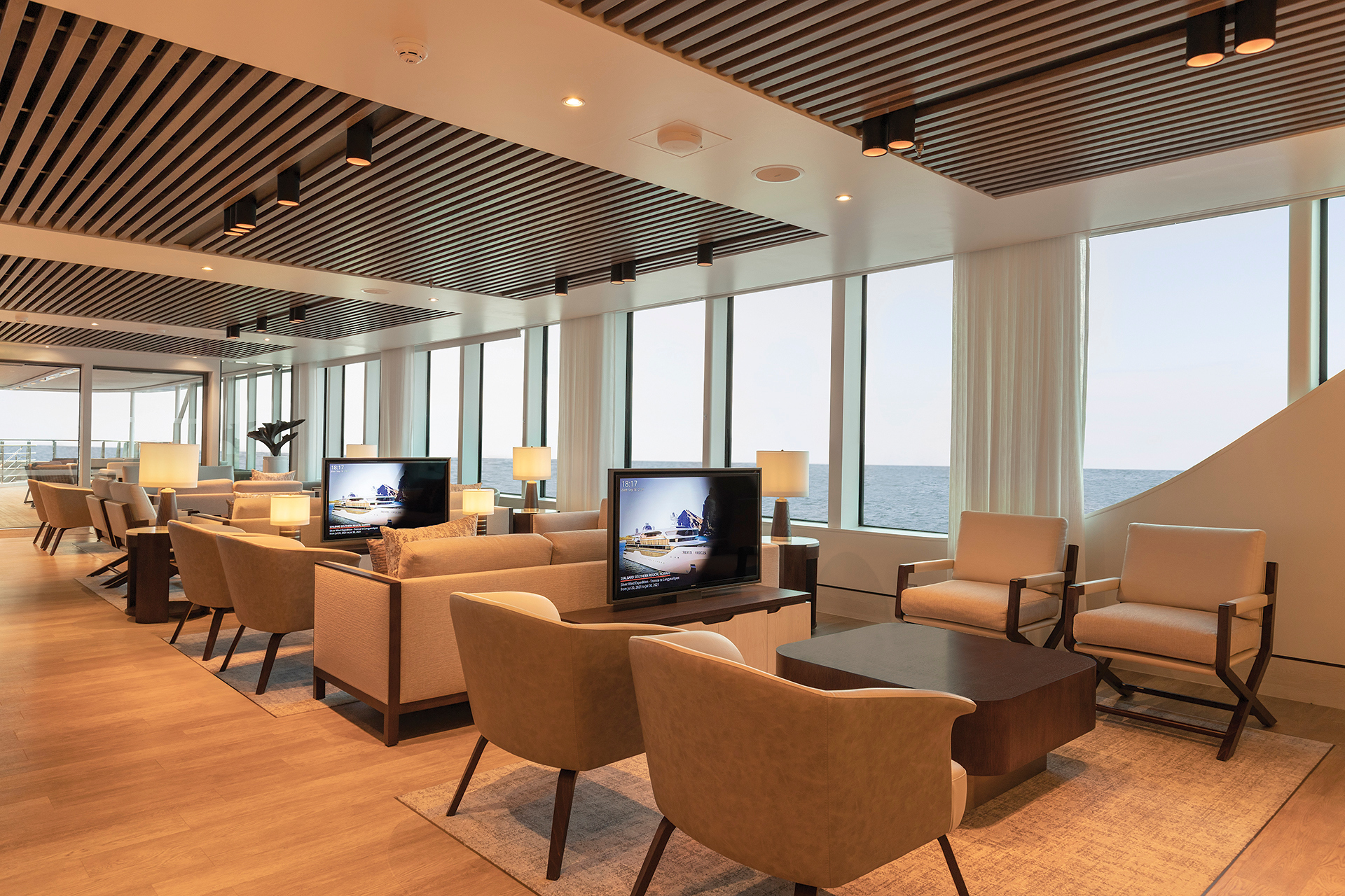Basecamp, an elegant lounge in which guests can socialize before and after excursions.