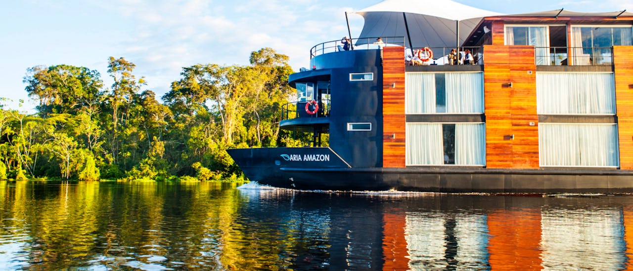 On board, 16 spacious suites with floor-to-ceiling windows give guests a full view of the Amazon’s river and rainforests