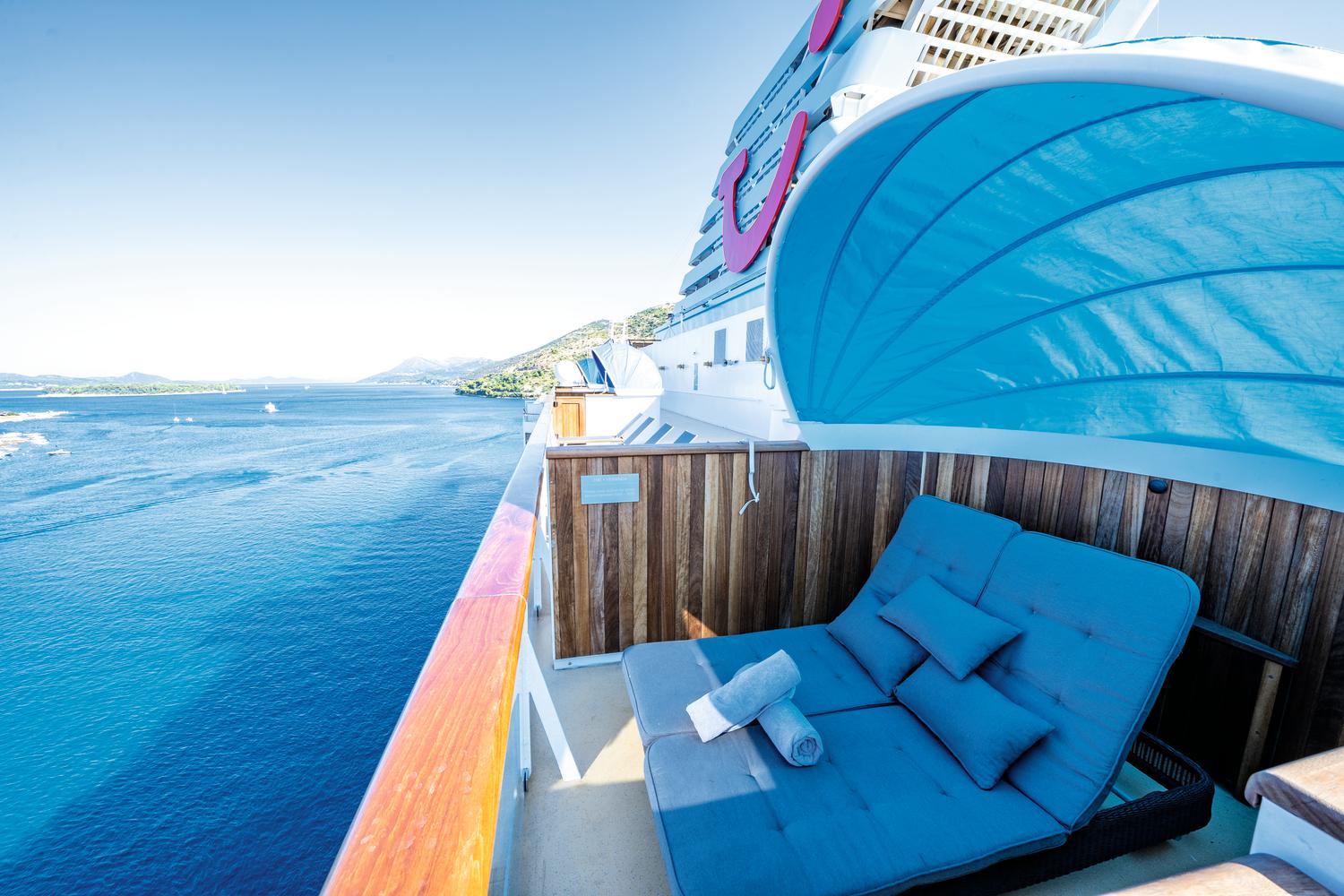 The adults-only sunbathing area is located at the back of the ship, offering relaxing views of the horizon