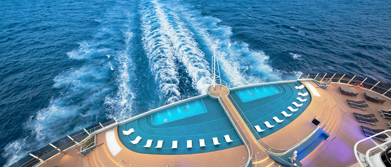 The glass-floored Bridge of Sighs located at the unique vantage point on deck 16-22 metres above the Infinity Pool.