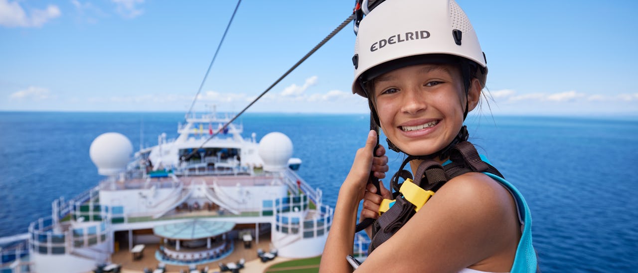 Challenge yourself with ziplining across the top deck