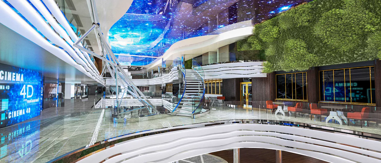 Stroll through the indoor promenade, featuring the iconic LED Dome