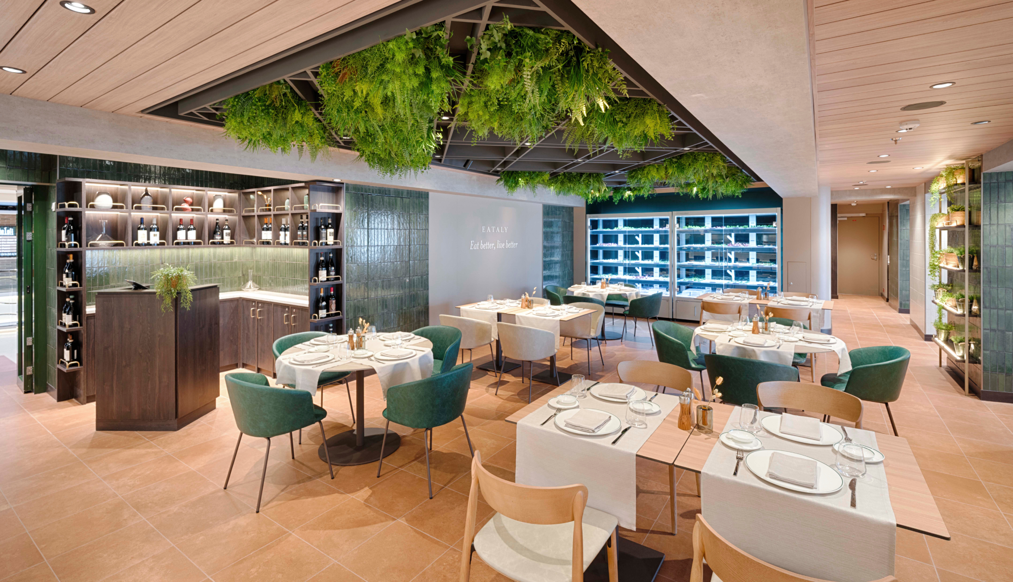 MSC World America  - Eataly Sign Speciality restaurant Public areas Sitting area Table Plant Chair Alcohol Wine Glass