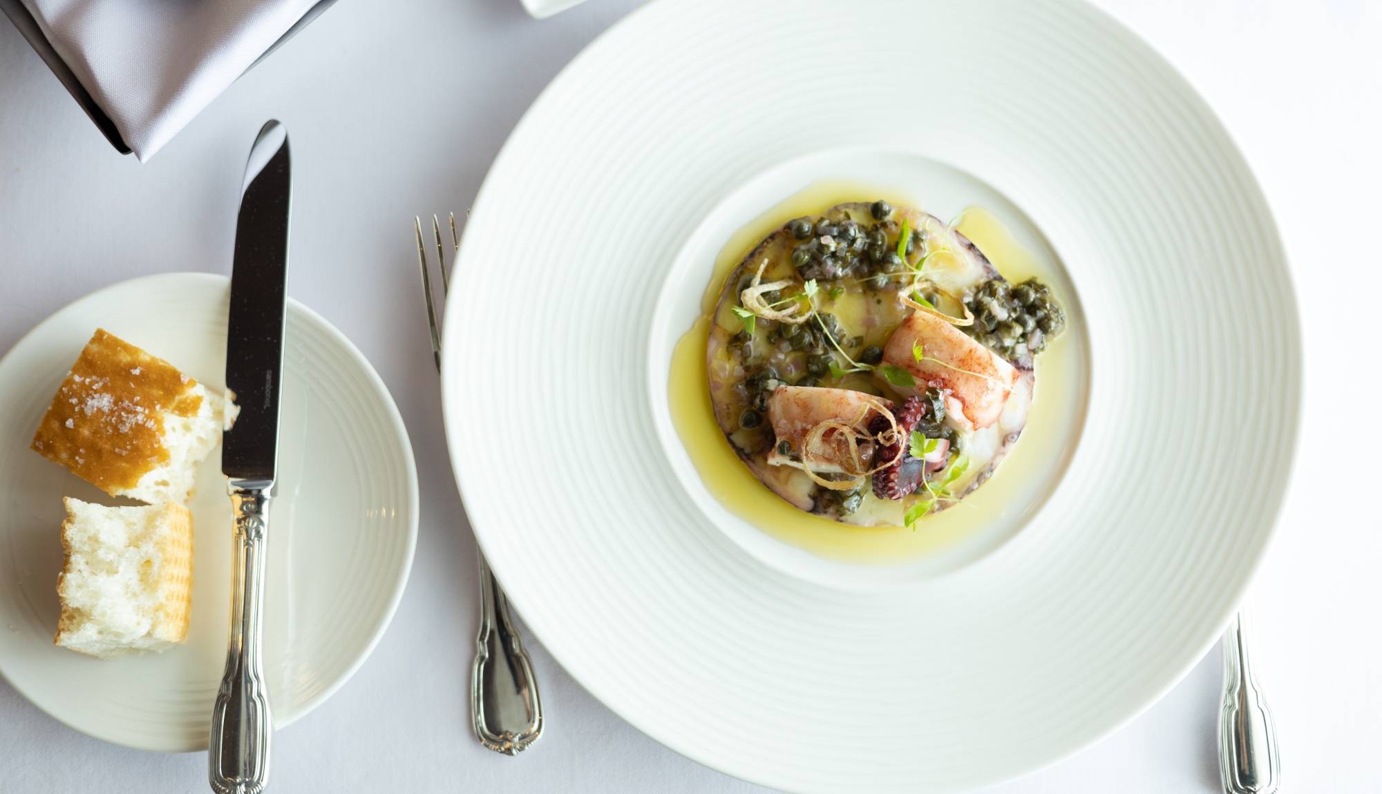Crystal Cruises - Lobster & Octopus Poached Lobster Medallion & Slow Steamed and Compressed Octopus with Crisp Shallots & Olive-Thyme Vinaigrette